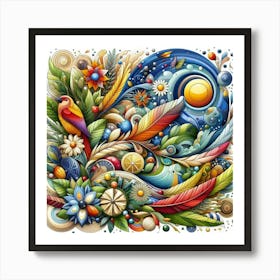 Colorful Flowers And Birds Art Print