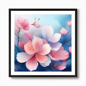 Firefly Abstract Cherry Blossom Petals In Watercolor Style, Floating Gently On A Misty Blue Backgrou (2) 1 Art Print