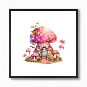 Watercolor Fairy tale Pink Mushroom House Art Print