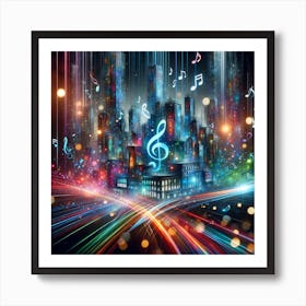 A Dynamic, Abstract Representation Of A Cityscape, Infused With Pulsating Neon Lights Art Print