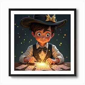 A Boy Wearing A Magician’S Hat, Pulling Glowing Cards From A Deck, With Sparkles Floating Around Him Art Print