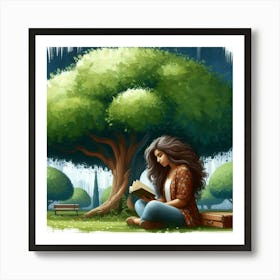 Girl Reading Under A Tree, Acrylic Painting Style 1 Art Print