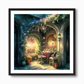 Quiet and attractive dining nook, overgrown flowers, high quality, detailed, highly 3D, elegant carved cart, 7 Art Print