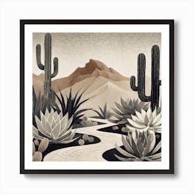 Firefly Modern Abstract Beautiful Lush Cactus And Succulent Garden Path In Neutral Muted Colors Of T Art Print