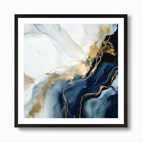 Luxury Abstract Fluid Art – Navy Blue, White, and Gold Marble Effect Art Print