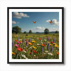 A Peaceful Meadow With Colorful Wildflowers And Butterflies Fluttering Around Affiche