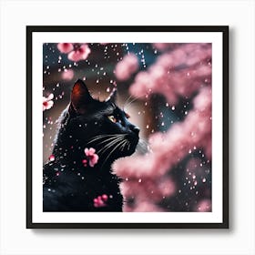 Black Cat, Raindrops and Pink Cherry Blossom 2 Art Print