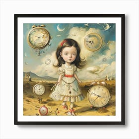 The Keeper of Time: This whimsical and enchanting artwork portrays a young girl in a fantastical landscape filled with oversized, floating clocks and surreal elements. Art Print