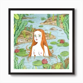 Lady In The Pond Square Art Print