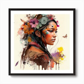 Watercolor Floral Indian Native Woman #4 Art Print
