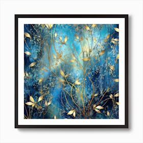 Gold Leaves On A Blue Background 1 Art Print