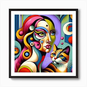 Colourful Abstract Woman With Cat Art Print