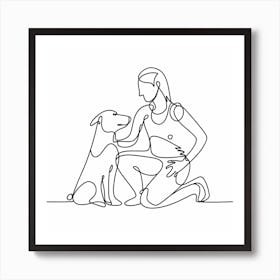 Continuous Line Drawing Of A Woman With A Dog Art Print
