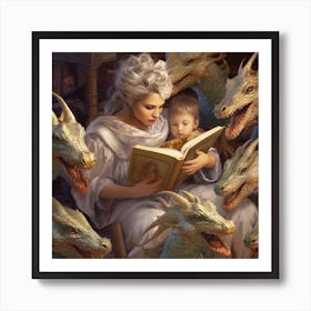 Dragon Mom Reading To Her Babies  3 Art Print