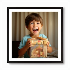 Happy Little Boy Holding A Gift Art Print