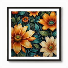 Orange Flowers On A Black Background Art Print