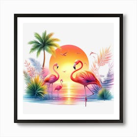 Flamingos At Sunset Art Print