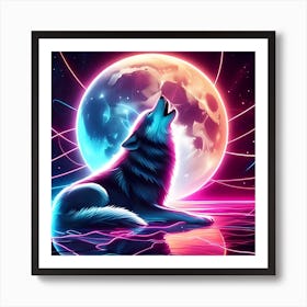 Neon Howling Wolf Art Print