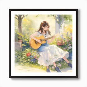 Beautiful Woman Playing Guitar In The Garde 0 Art Print