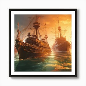 Battleships In The Sea Art Print