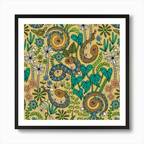 COLOURING BOOK GARDEN SNAKES Doodle Floral Botanical Line Drawing in Retro 70s Colors Art Print