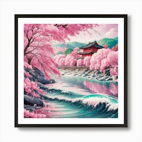 A stunningly vibrant watercolor illustration of a serene Japanese landscape featuring cherry blossoms. The foreground shows a river with gentle waves reflecting the pink hues of the blossoms. 1 Art Print