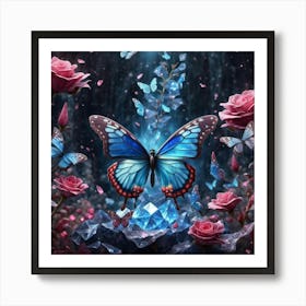 Butterfly And Roses 1 Art Print