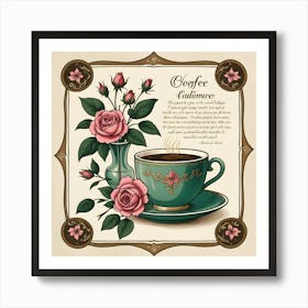 Collage Of Vintage Items A Clock, Book, And Tea Cup, Displayed On A Coffee Corner Wallpaper Design Art Print