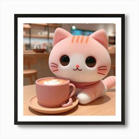 Cute Cat With Cup Of Coffee Art Print