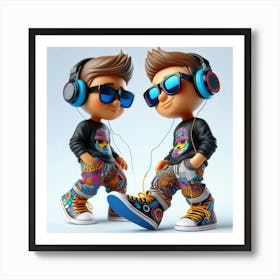 Two Kids Listening To Music Art Print