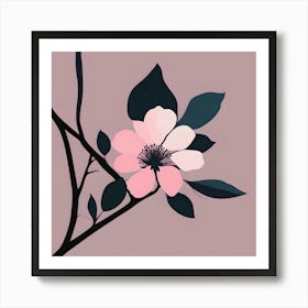 Unique Flower On A Branch With Leaves, Pink And Turquoise Art Print