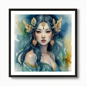 Asian Girl The Magic of Watercolor: A Deep Dive into Undine, the Stunningly Beautiful Asian Goddess Art Print