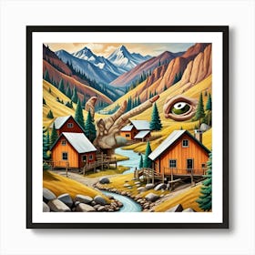 Successful Prospectors Village Cubism Style Art Print