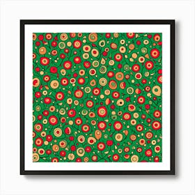 Fruit theme pattern, A Pattern Featuring Abstract  fruit Shapes With Lines Rustic Green And Red Colors, Flat Art, 115 Art Print