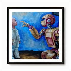 Oil Painting Of Robot Showing Him The Way  Art Print