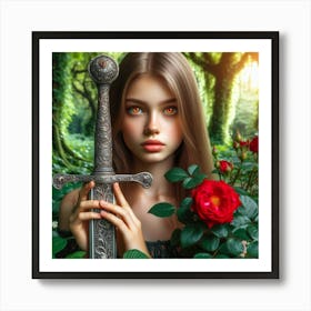 Young Woman With A Sword In The Forest Art Print