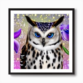 Owl With Purple Flowers 4 Art Print