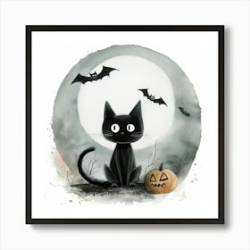 Cute Halloween Black Cat, Bats & Pumpkin Art Print