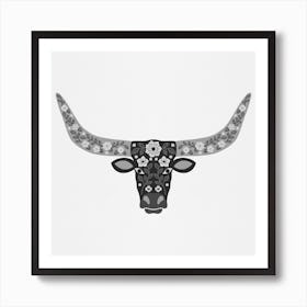 Floral Longhorn   Black And White Square Art Print