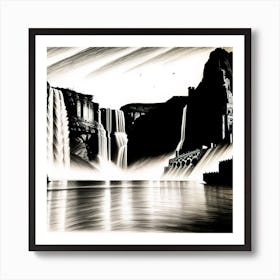 Black And White Drawing Of A Waterfall Art Print