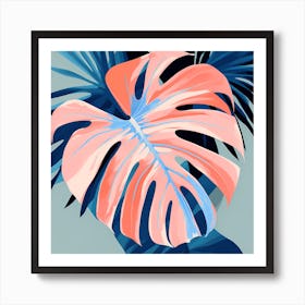 Monstera Leaf, Tropical Leaves, pleasing colors of Peach and Blue, 1296 Art Print