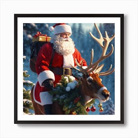 Santa Claus Riding A Deer Art Print