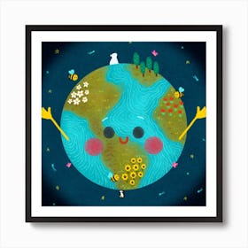 Cute Earth Planet Square Art Print