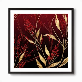 Gold Leaves On A Black Background Art Print