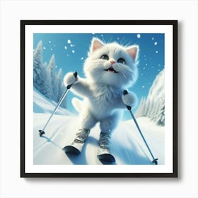 White Cat On Skis Art Print