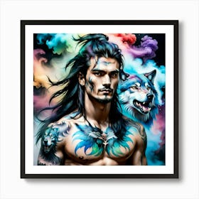 Tattooed Man And Wolf Art Print