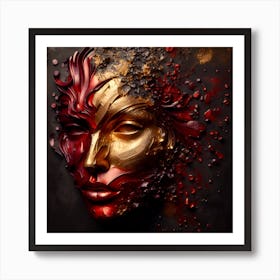 Portrait Of An Abstract Woman's Face - An Embossed Artwork With Blood Red, and Golden Colors On Charcoal Background, In Metal Work. Art Print