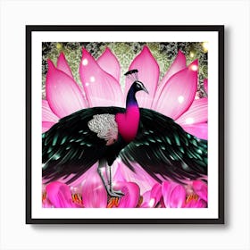 Peacock On Pink Lotus Art Print