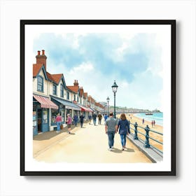 A Watercolor Of An English Seaside Town With People Exploring The Boardwalk And Shops 1 Art Print