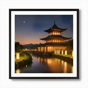 Asian Pagoda At Night Art Print